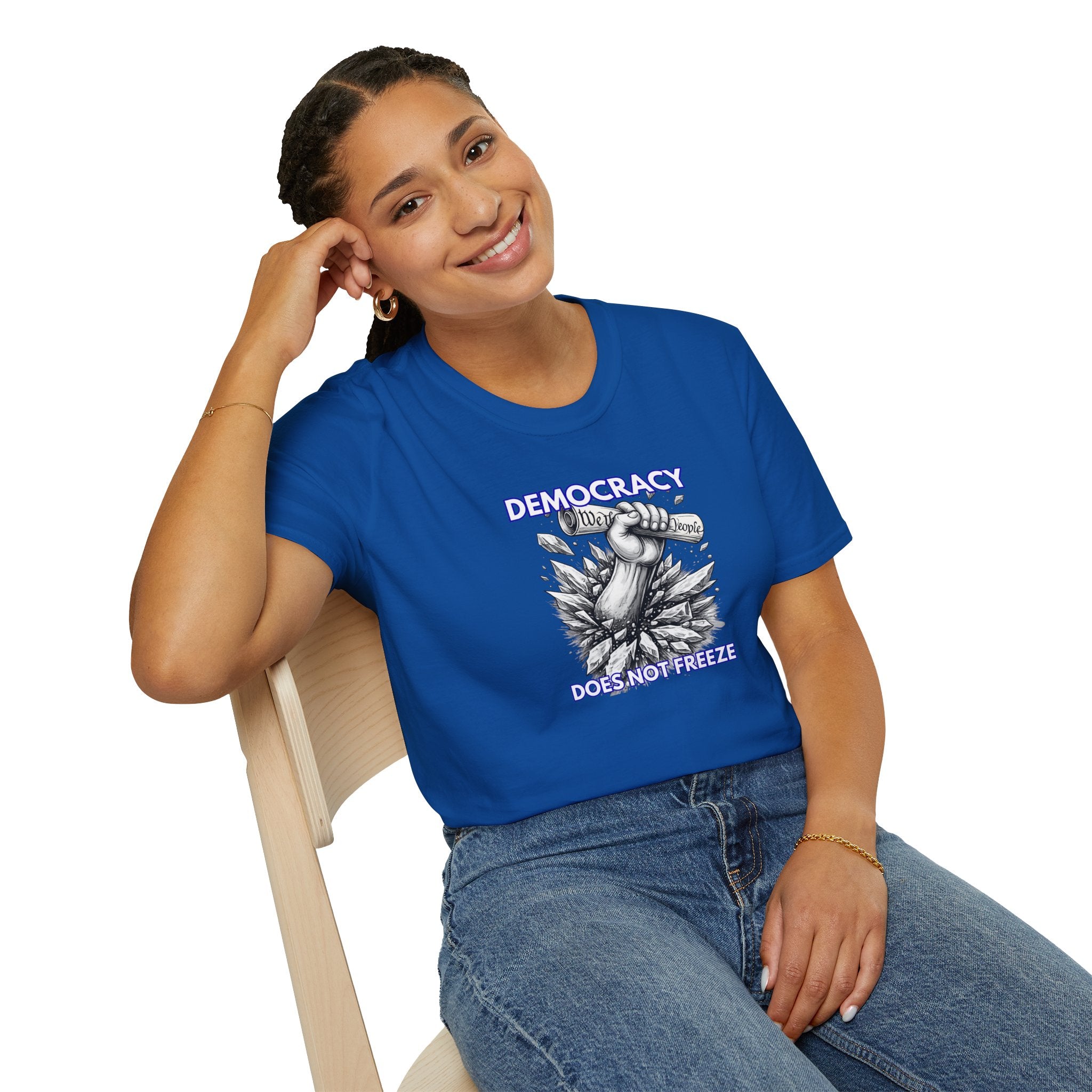 Democracy Does Not Freeze Graphic T-Shirt — Fist with Declaration Breaking Through Ice